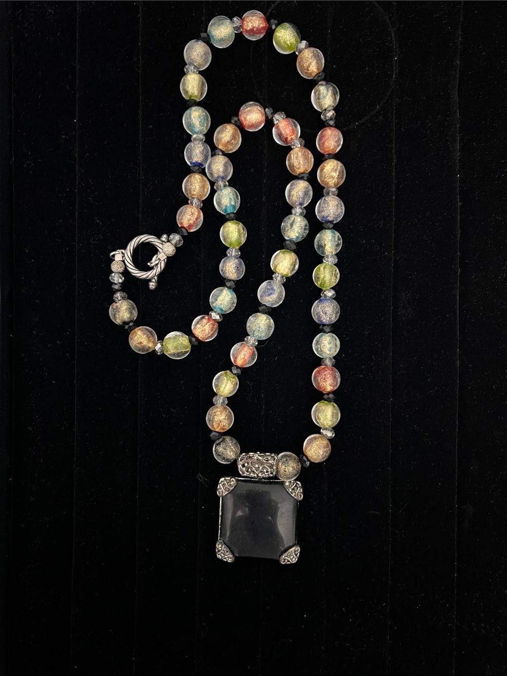 Multicolored Bead Necklace with Black Glass Pendant